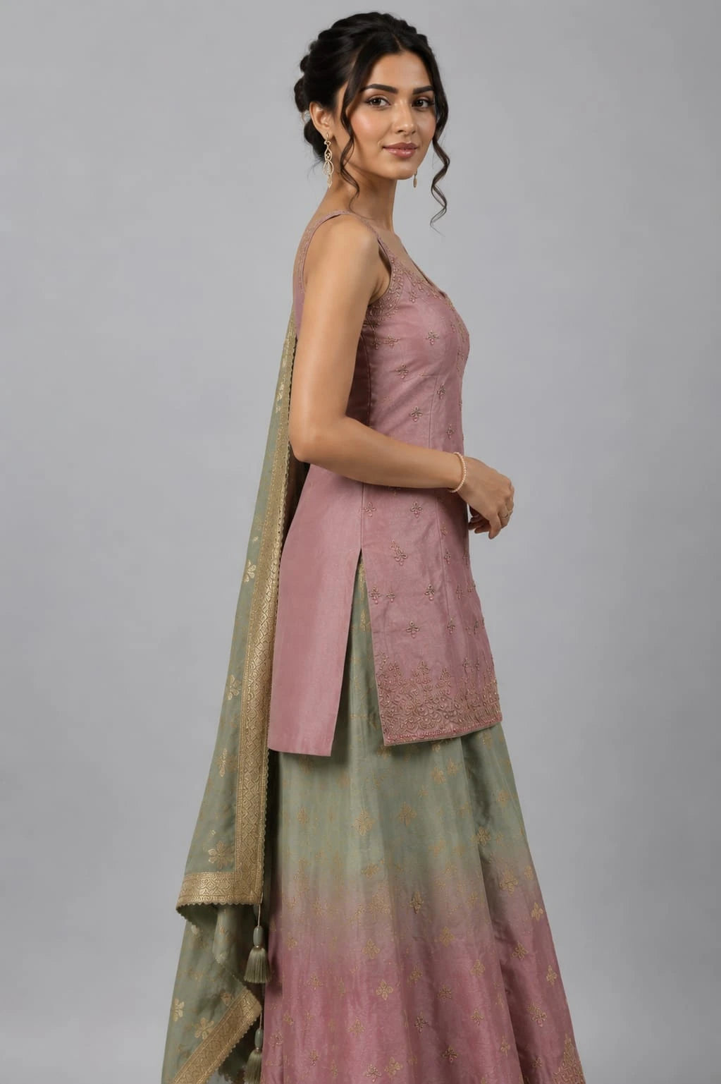 Pink Ombre Designer Sharara Set with Embroidered Kurti & Dupatta