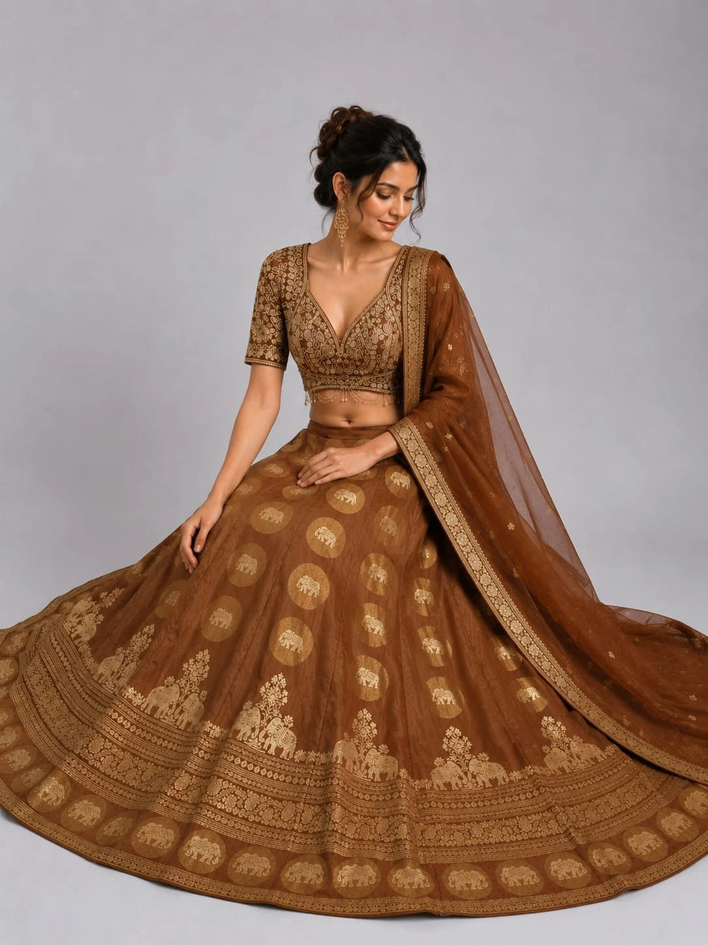 Chiku Designer Lehenga Set with Embroidered Blouse & Woven Dupatta