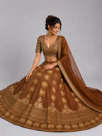 Chiku Designer Lehenga Set with Embroidered Blouse & Woven Dupatta