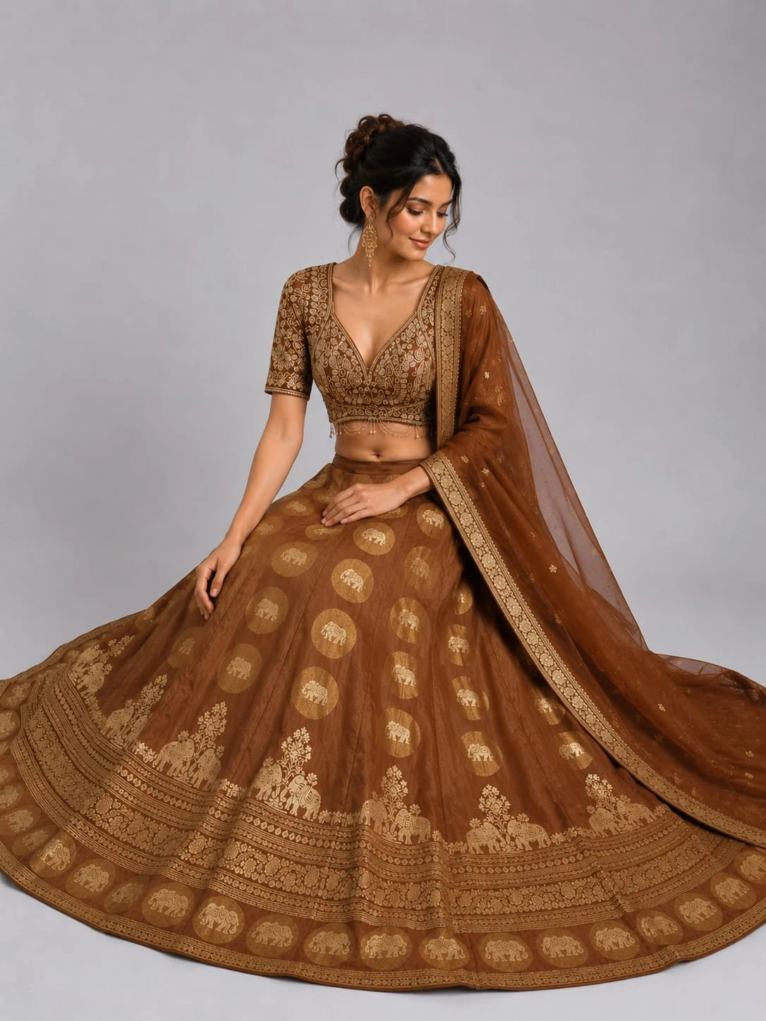Chiku Designer Lehenga Set with Embroidered Blouse & Woven Dupatta