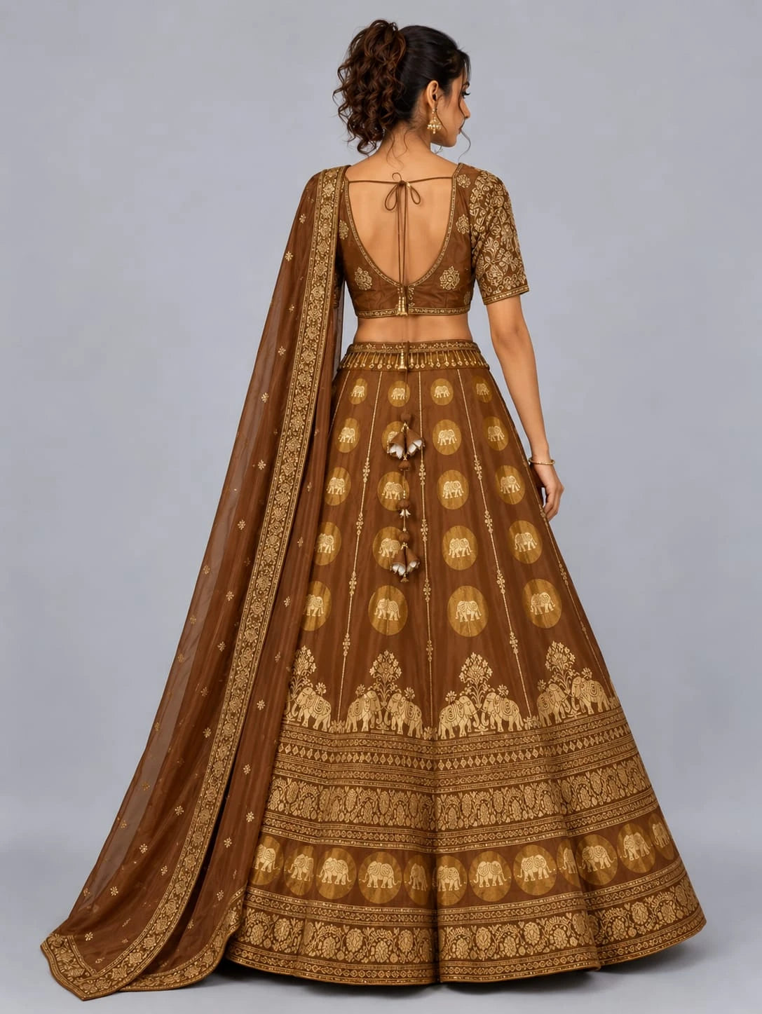 Chiku Designer Lehenga Set with Embroidered Blouse & Woven Dupatta