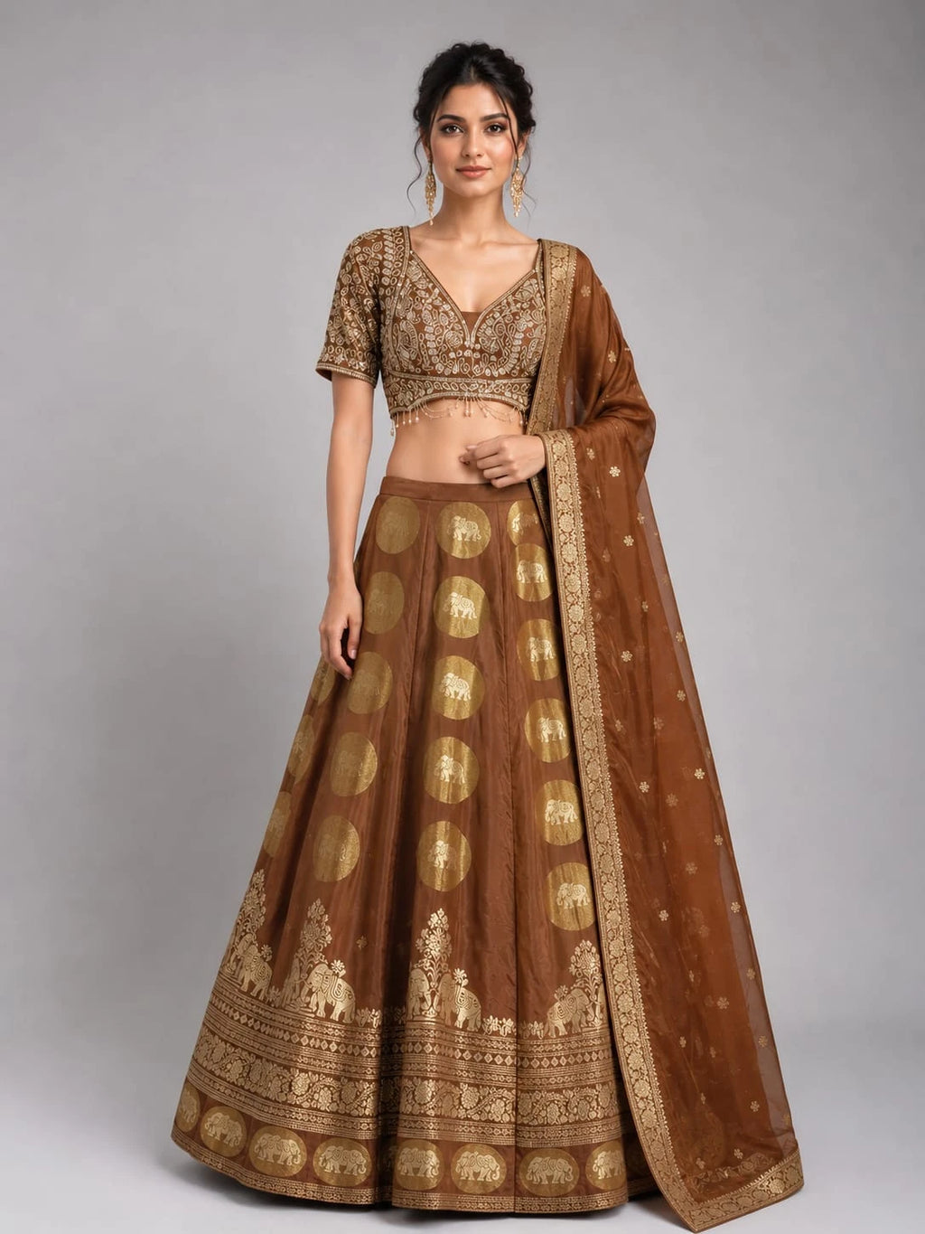 Chiku Designer Lehenga Set with Embroidered Blouse & Woven Dupatta
