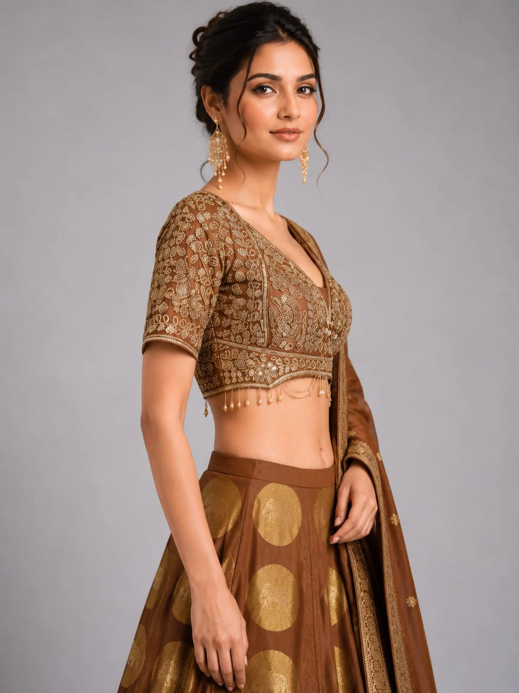 Chiku Designer Lehenga Set with Embroidered Blouse & Woven Dupatta