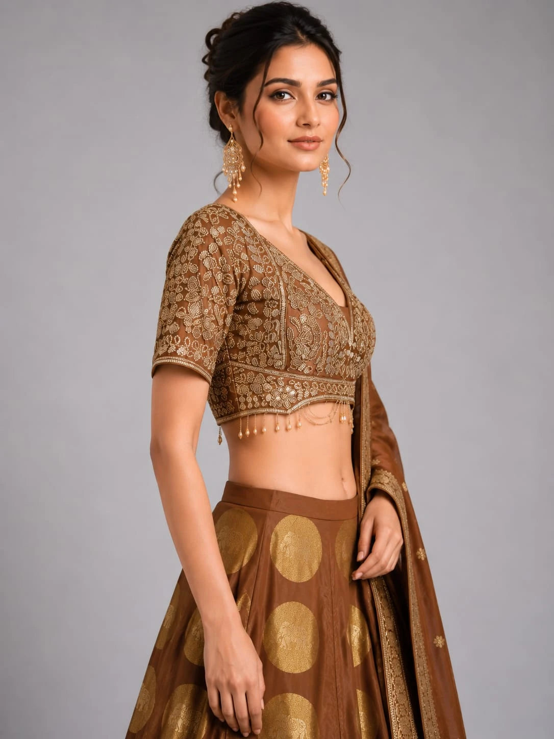 Chiku Designer Lehenga Set with Embroidered Blouse & Woven Dupatta