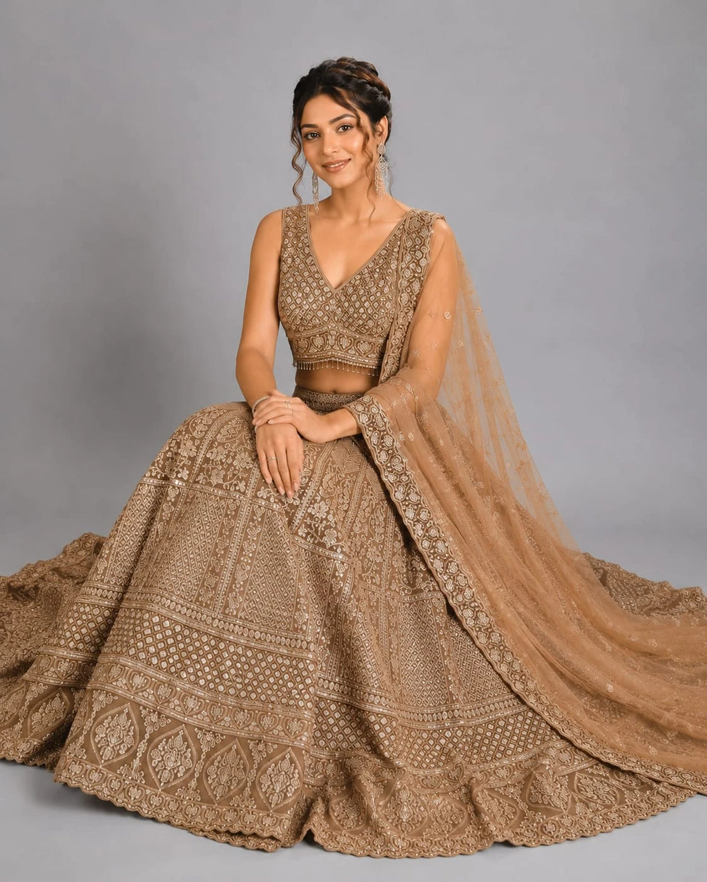 brown party wear lehenga