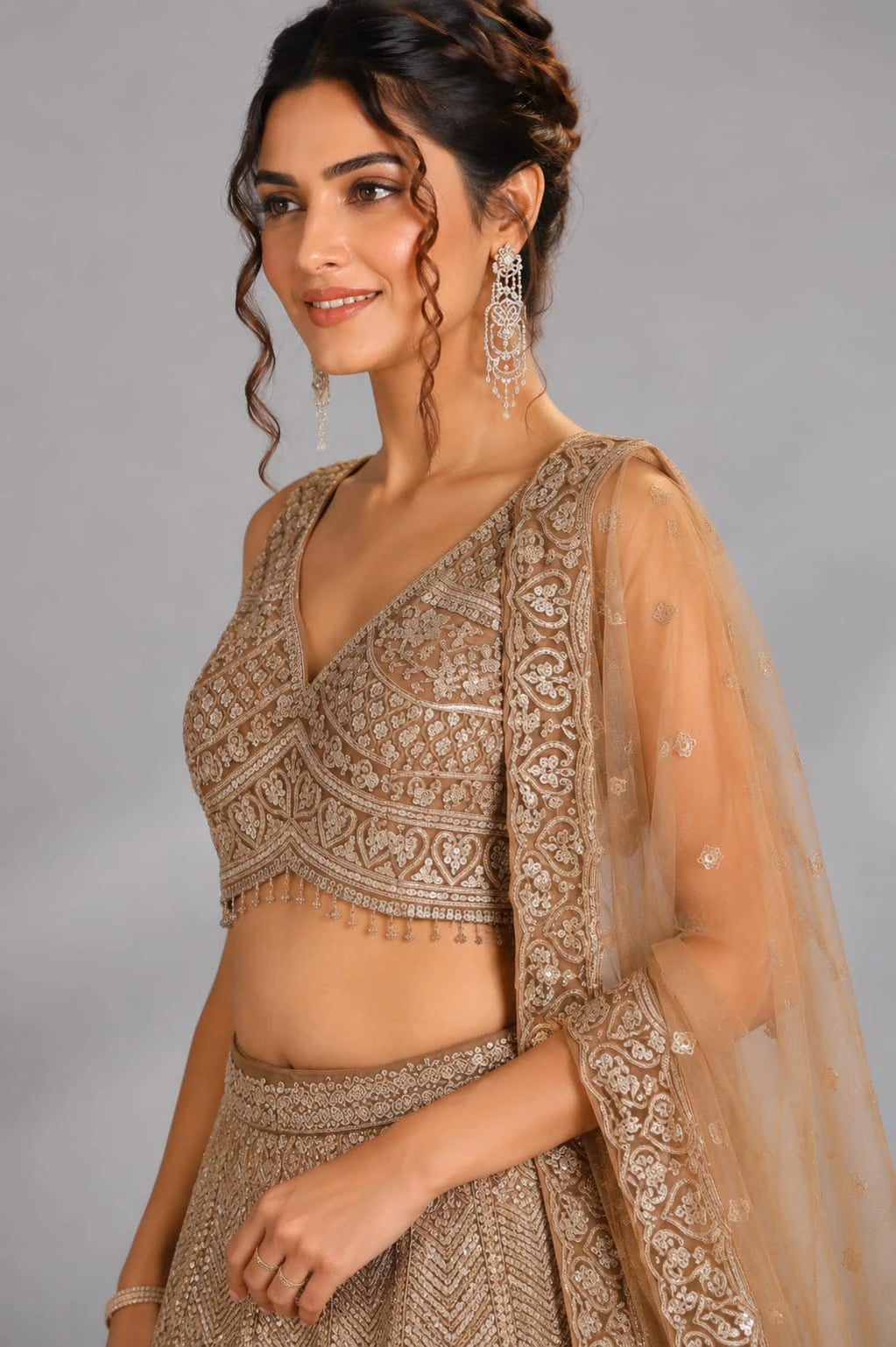 brown party wear lehenga