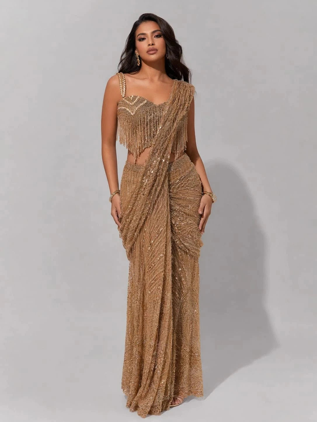 gold pre drape saree