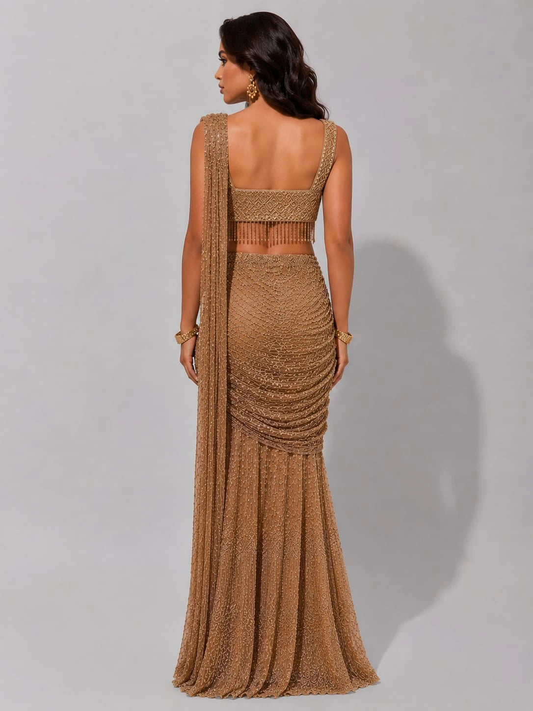 gold pre drape saree
