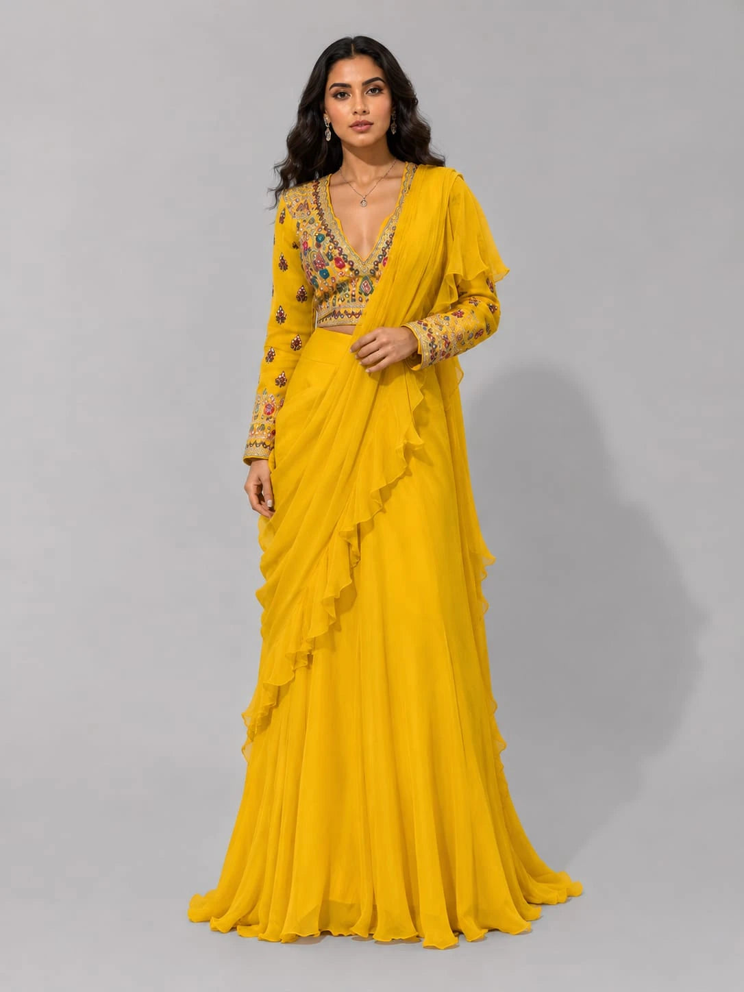 mustard drape lehenga