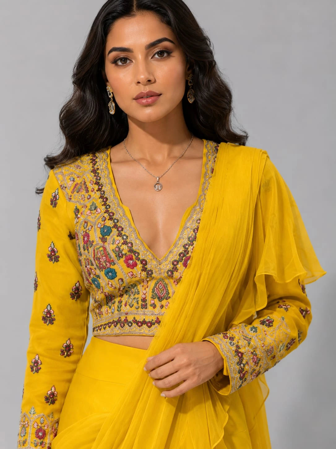 mustard drape lehenga