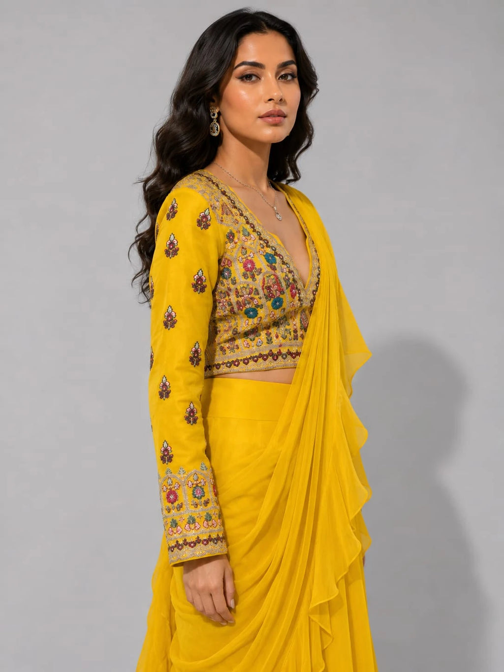mustard drape lehenga
