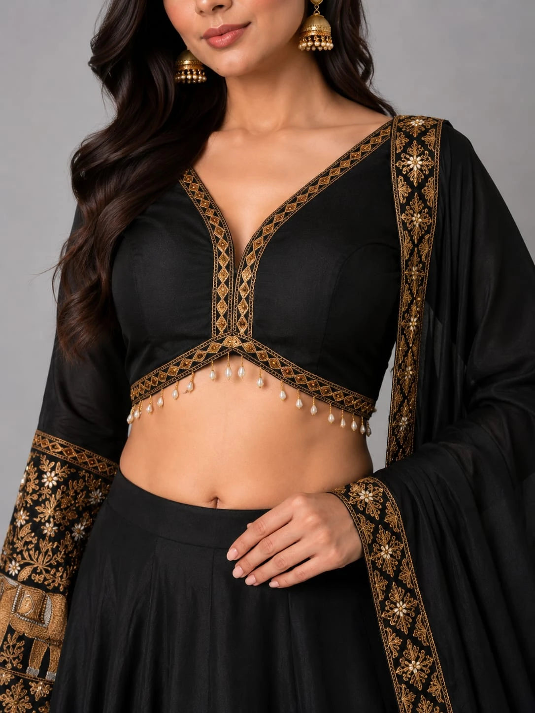 black crop top lehenga