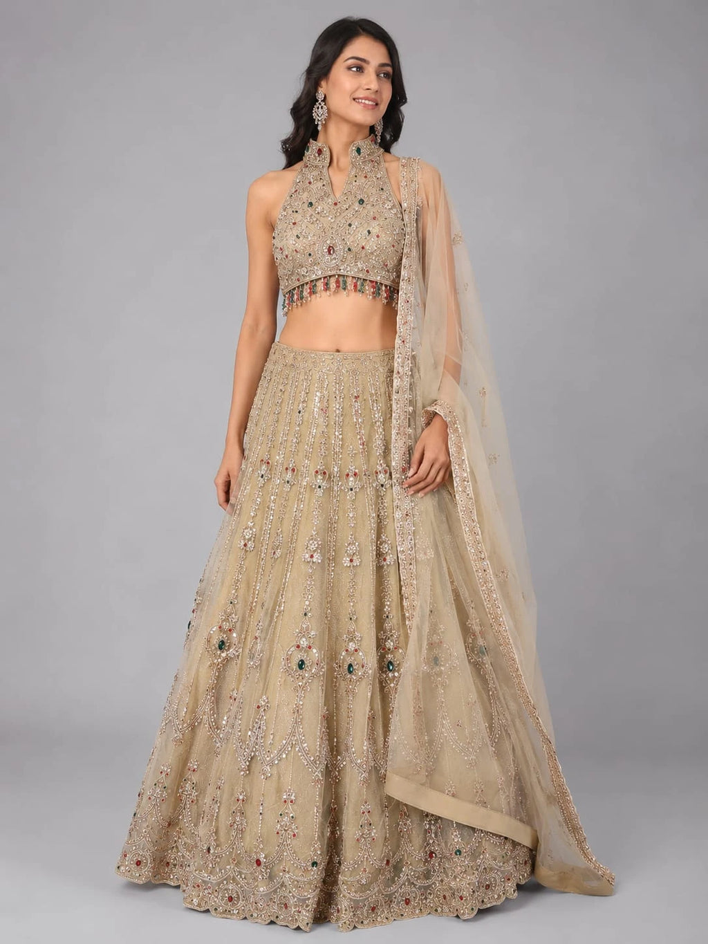 gold halter neck lehenga