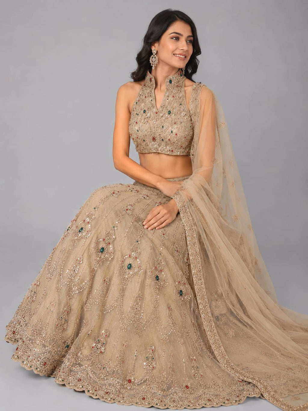 gold halter neck lehenga