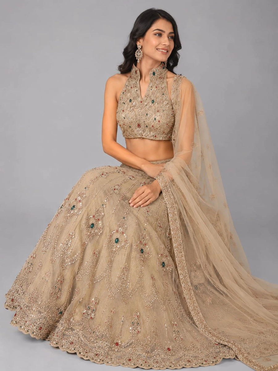 gold halter neck lehenga