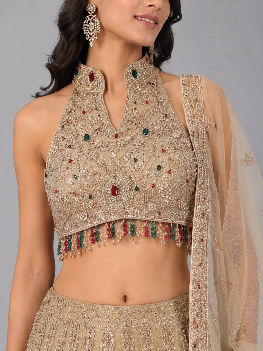 gold halter neck lehenga