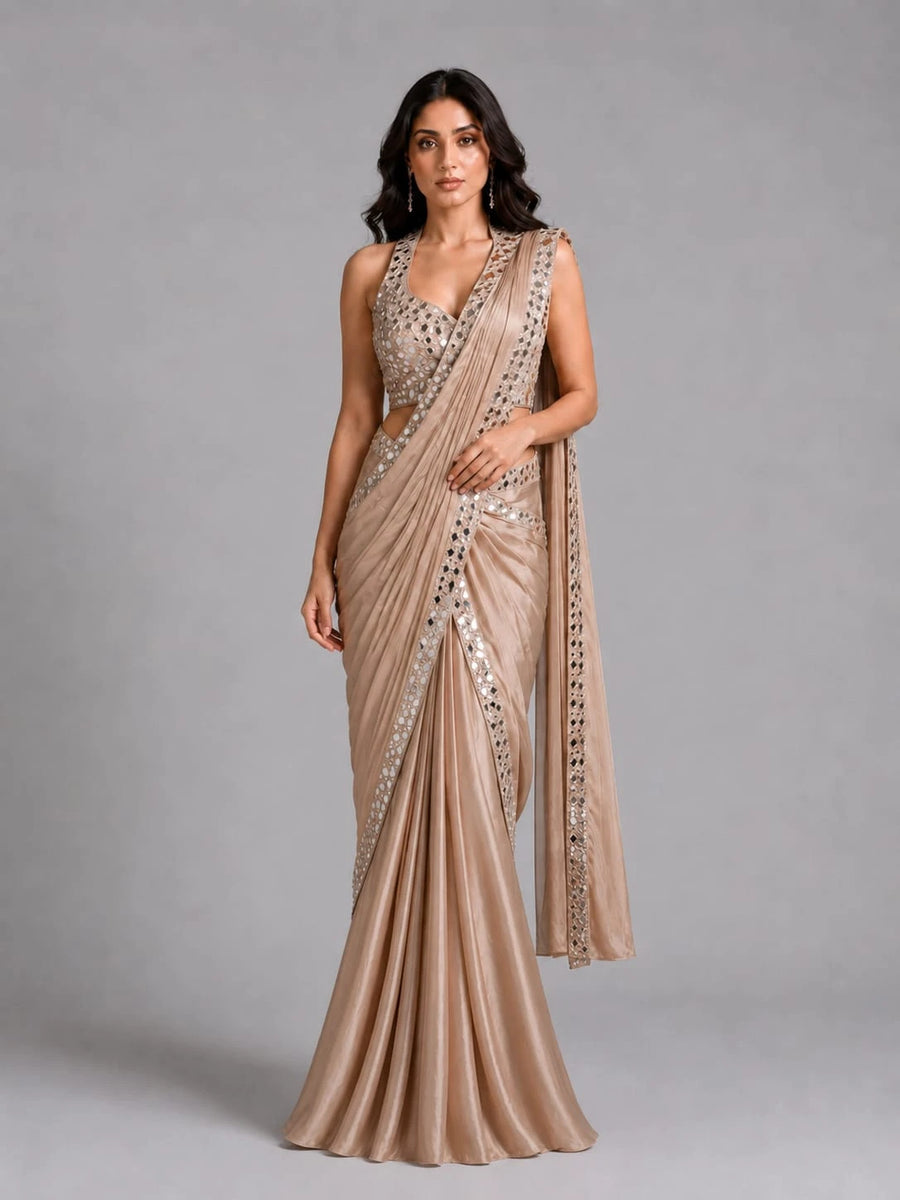 beige mirror drape saree