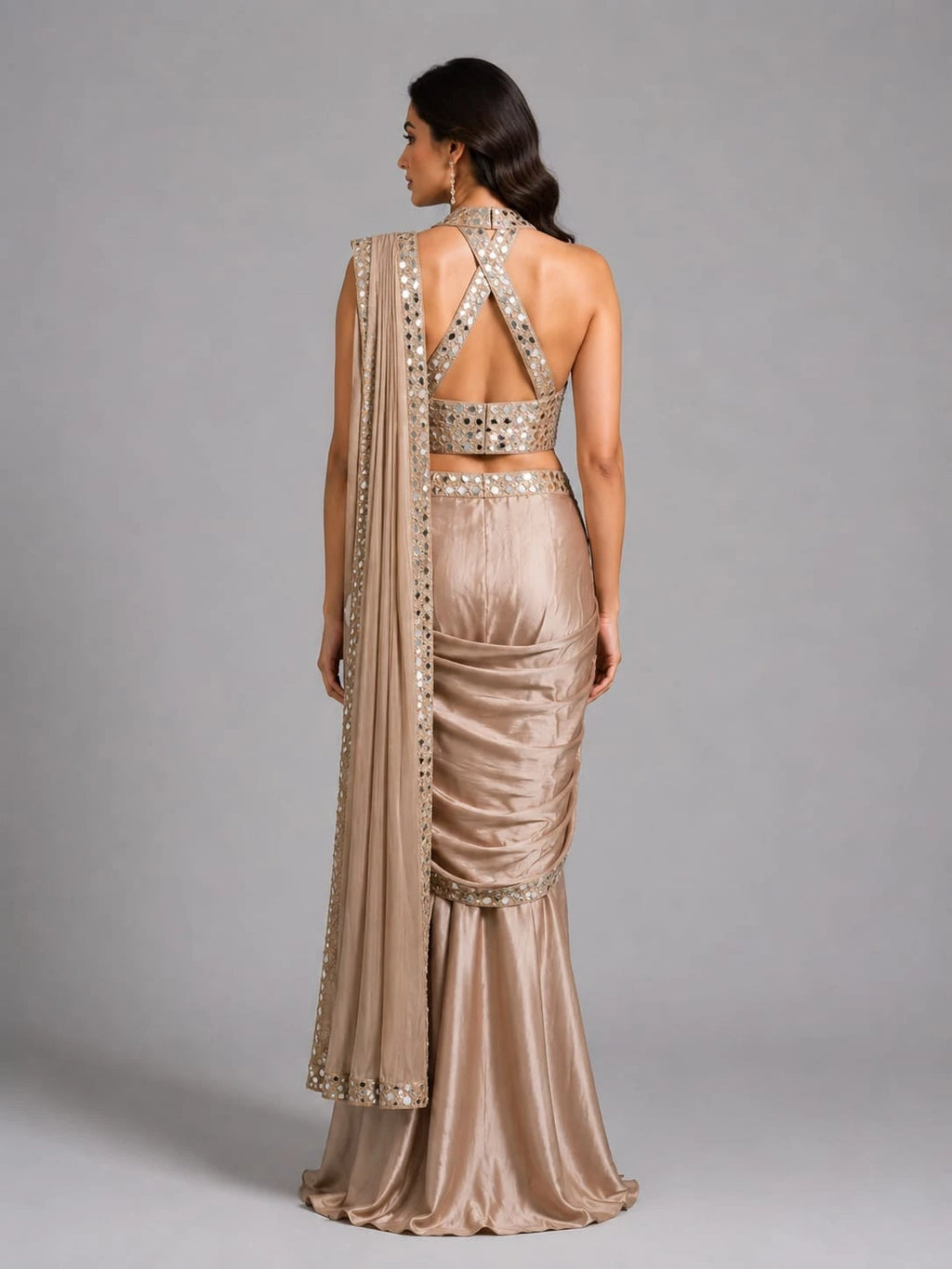 beige mirror drape saree