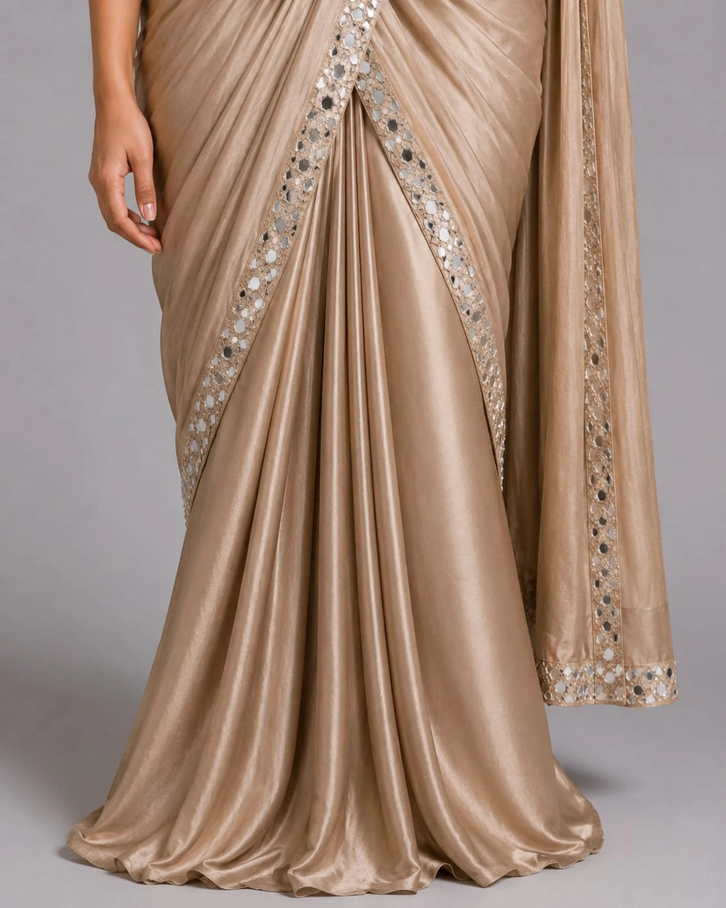 beige mirror drape saree