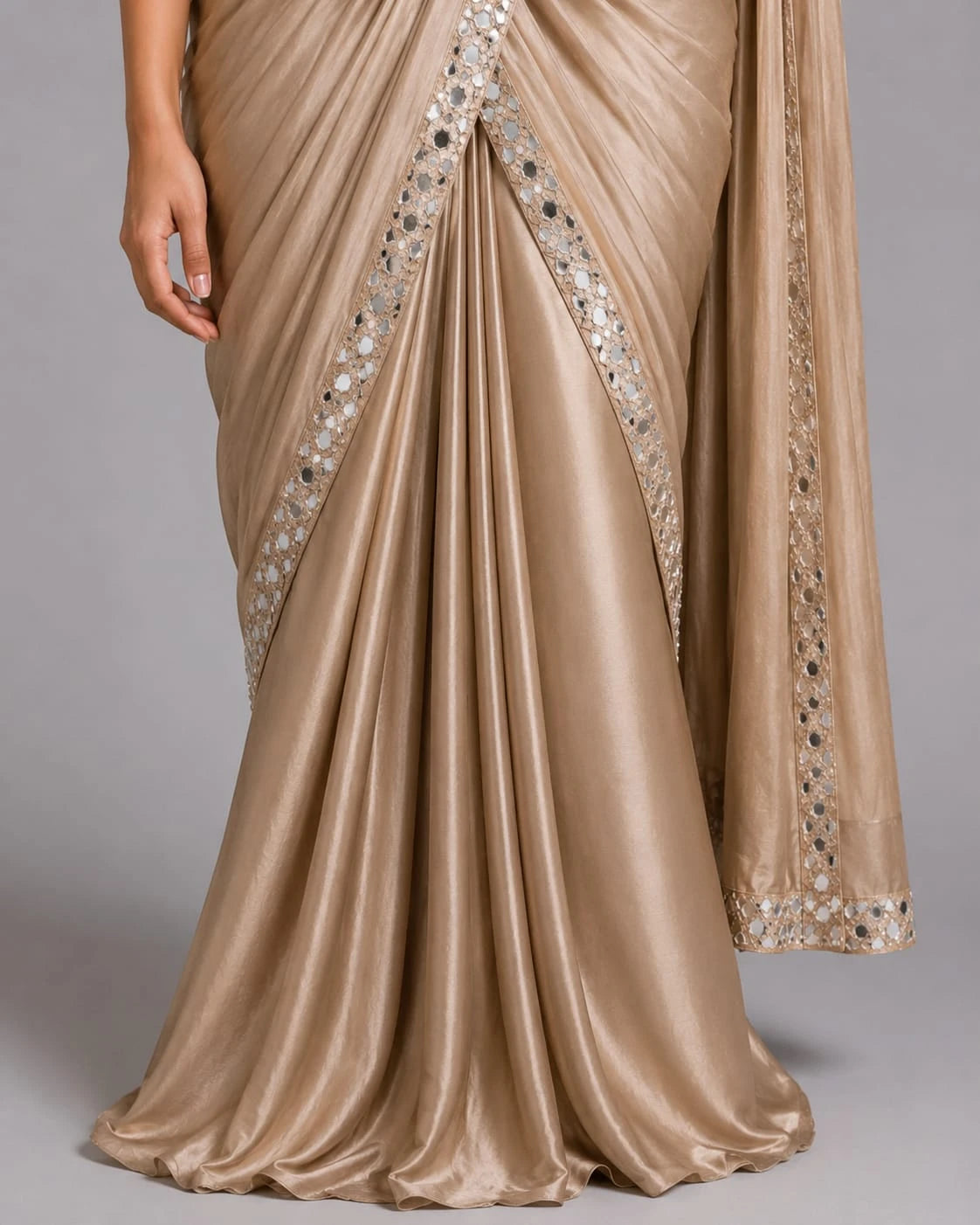 beige mirror drape saree