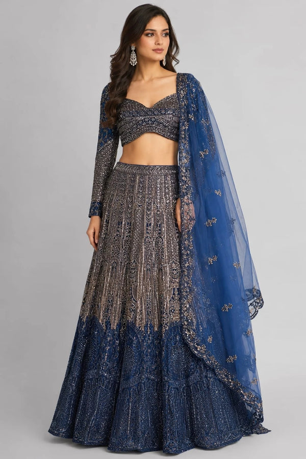 Blue Embroidered Lehenga Set with Blouse & Net Dupatta