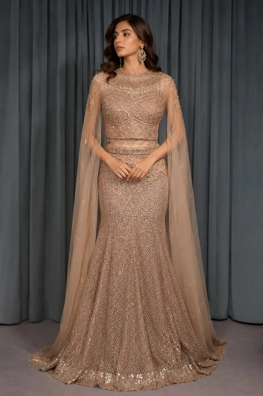 gold lehenga cape