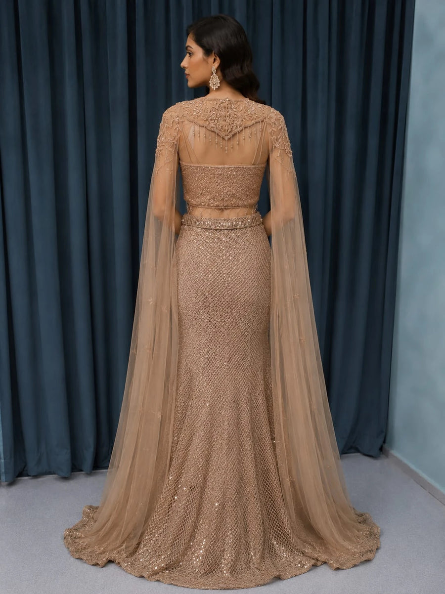 gold lehenga cape