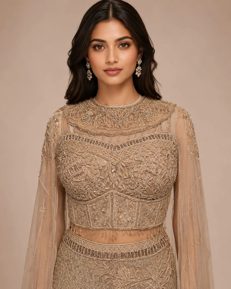 gold lehenga cape