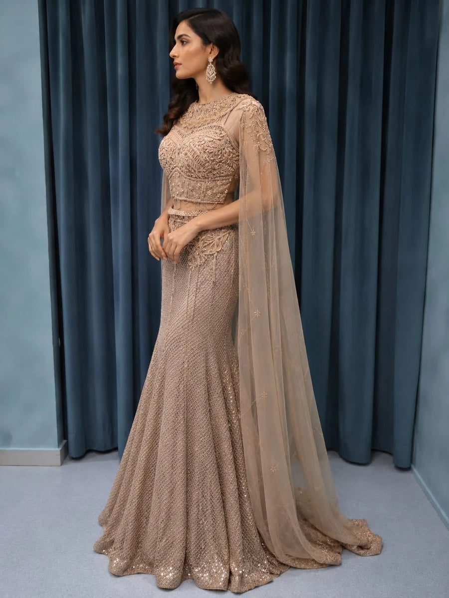 gold lehenga cape