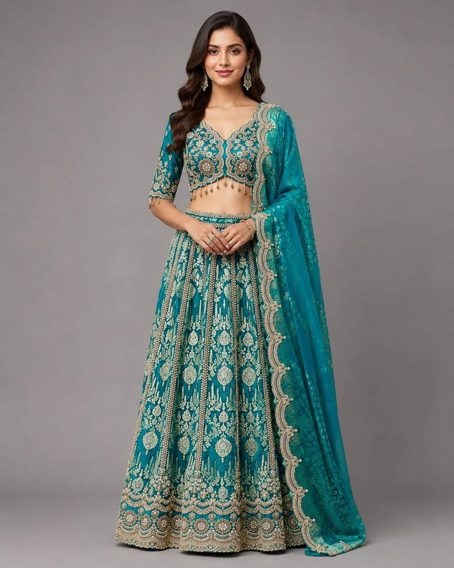 Rama Green Lehenga with Heavy Embroidery and Dupatta
