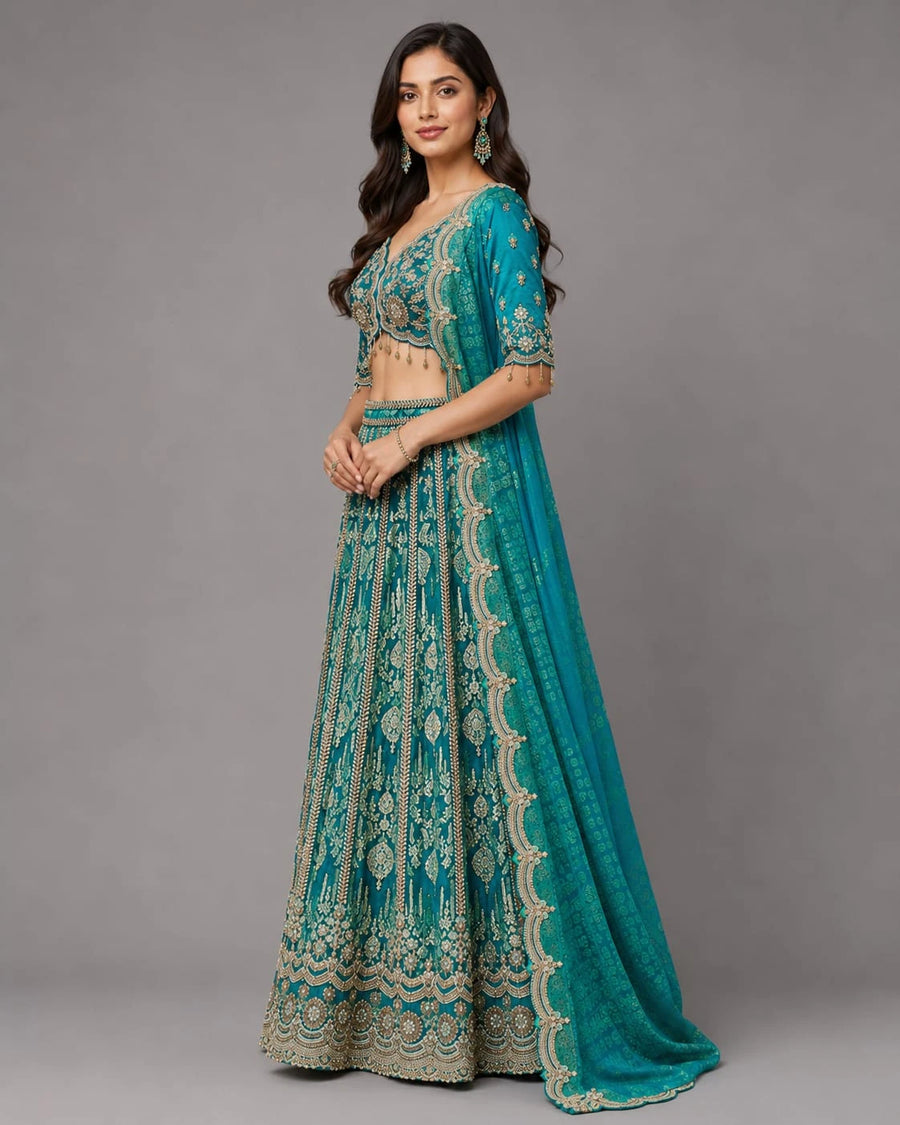 Rama Green Lehenga with Heavy Embroidery and Dupatta