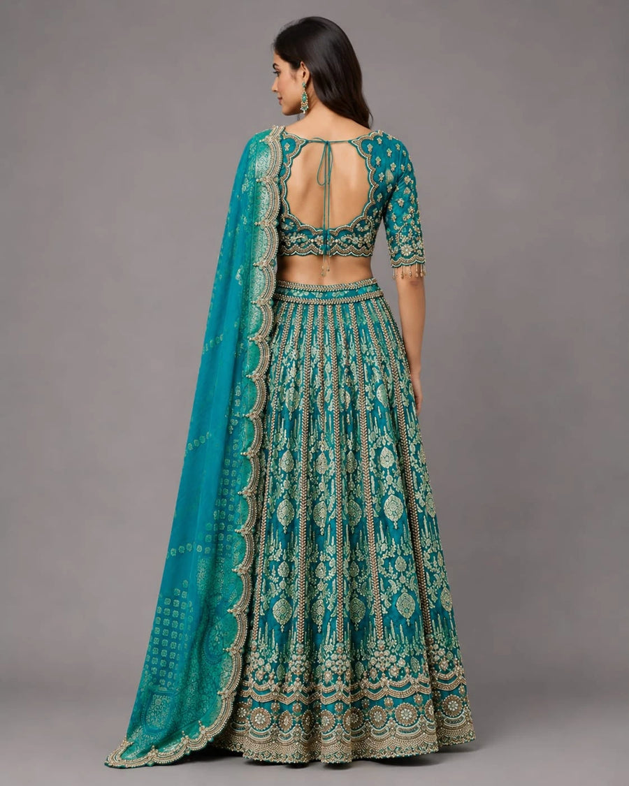 Rama Green Lehenga with Heavy Embroidery and Dupatta