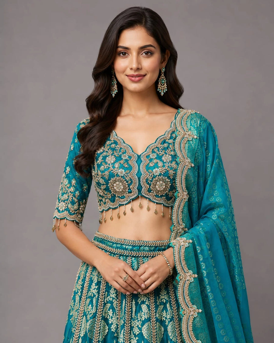Rama Green Lehenga with Heavy Embroidery and Dupatta