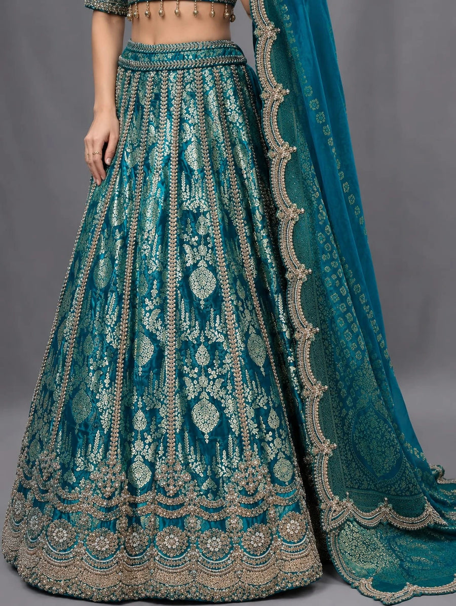 Rama Green Lehenga with Heavy Embroidery and Dupatta