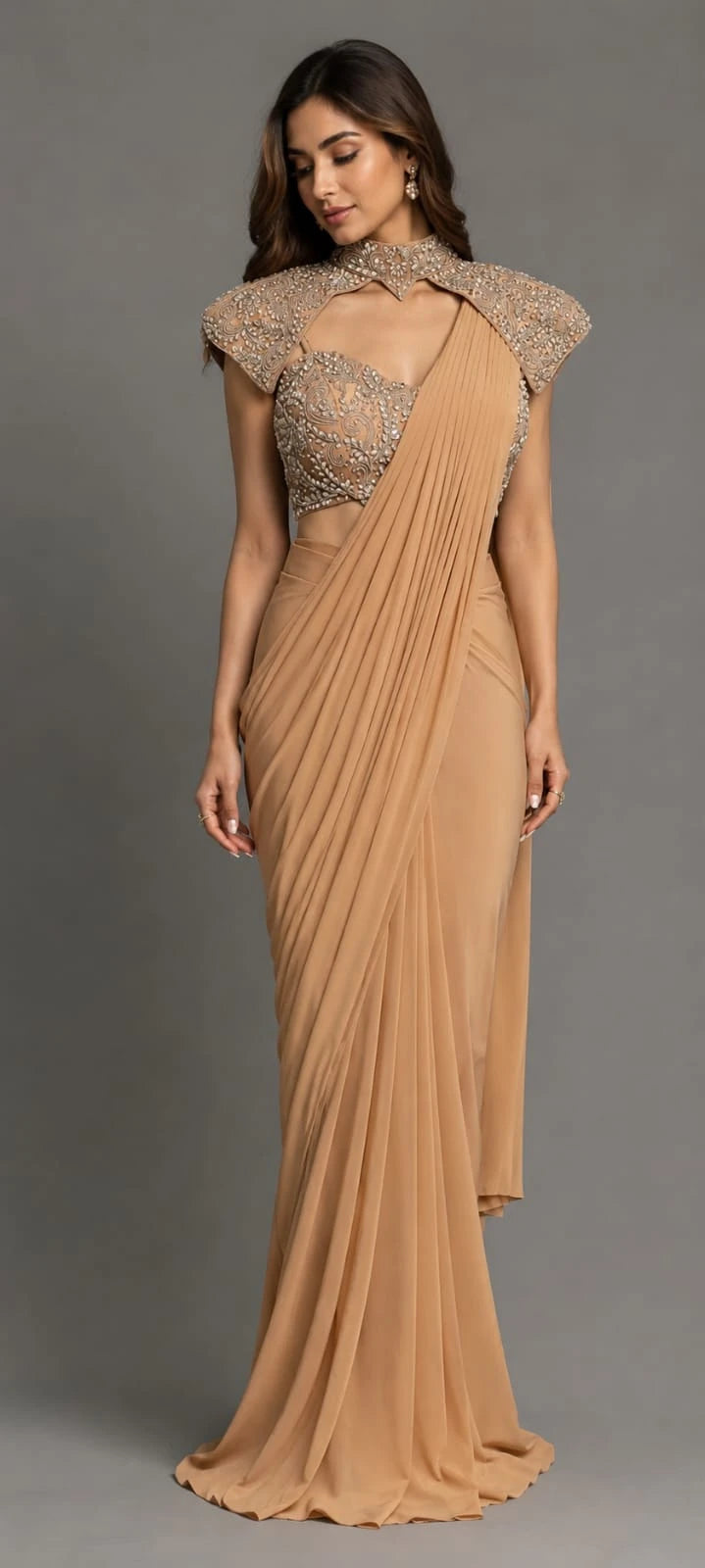 gold cape drape saree