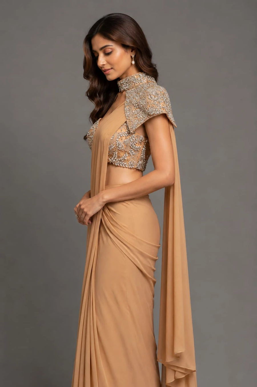 gold cape drape saree