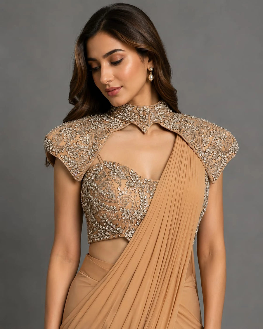 gold cape drape saree