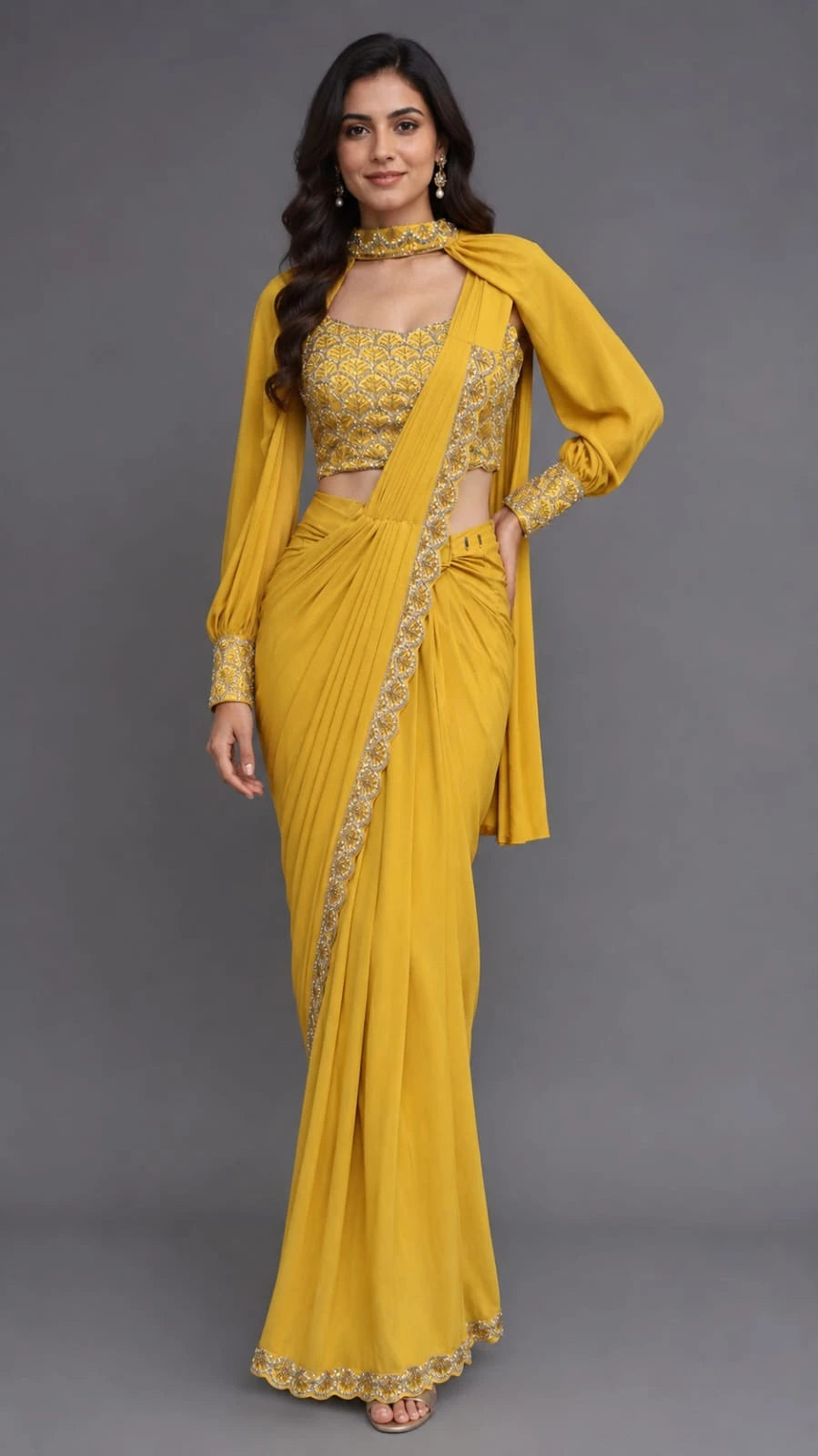 yellow drape saree