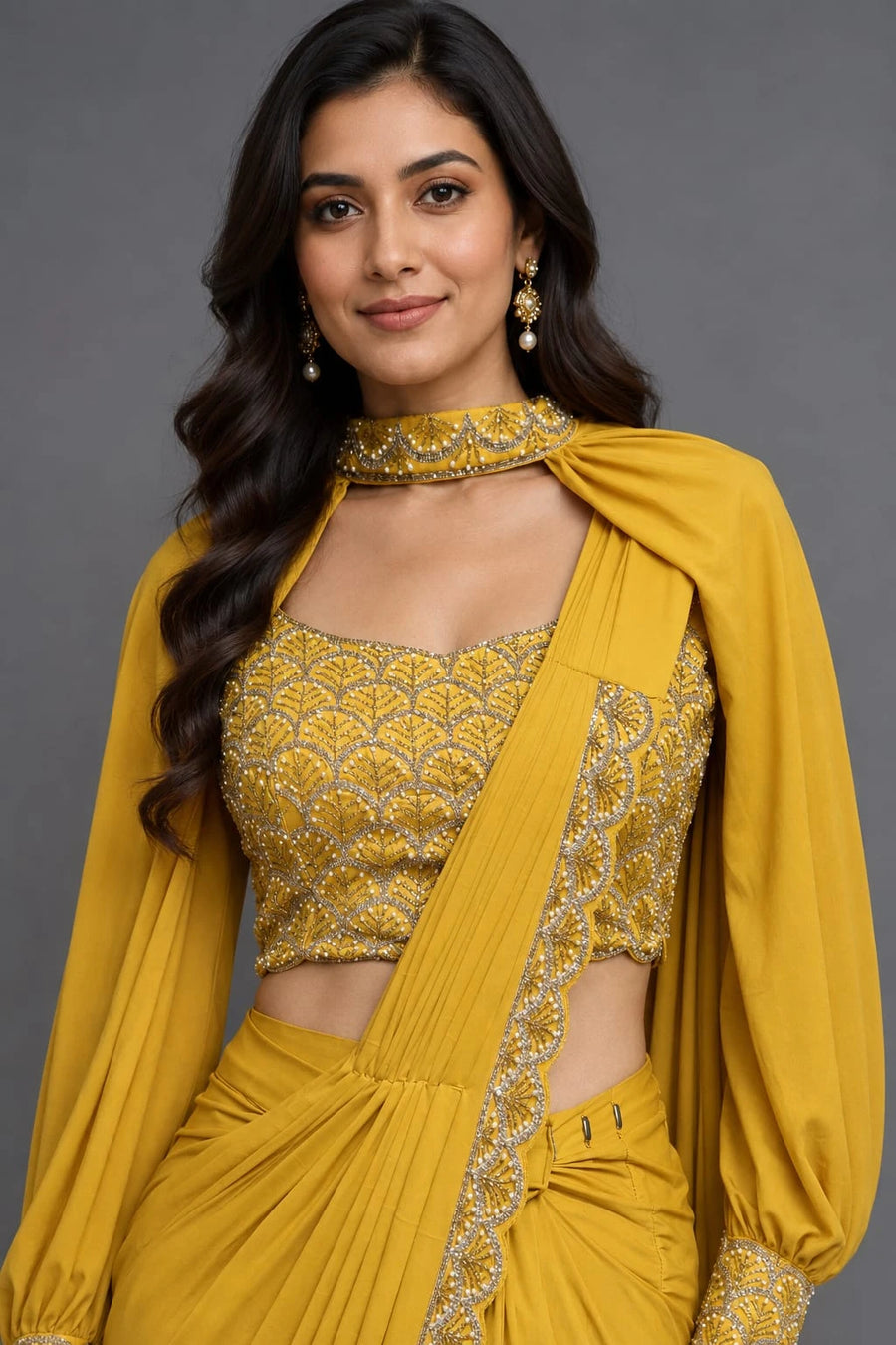 yellow drape saree