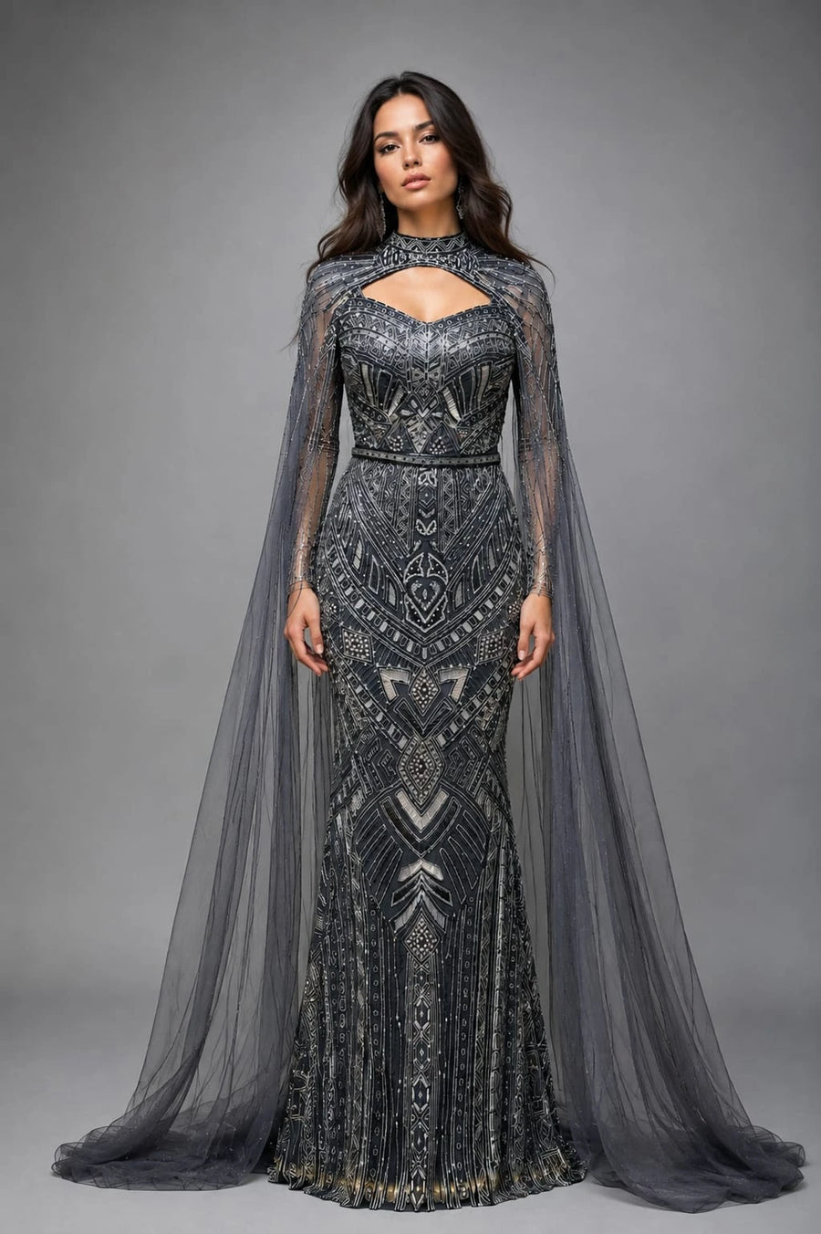 midnight blue cape gown