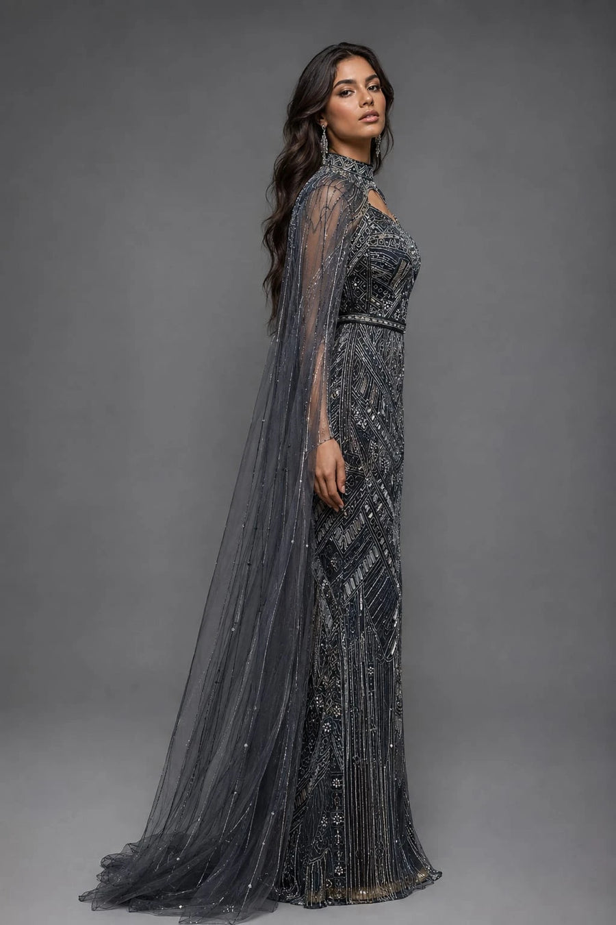 midnight blue cape gown