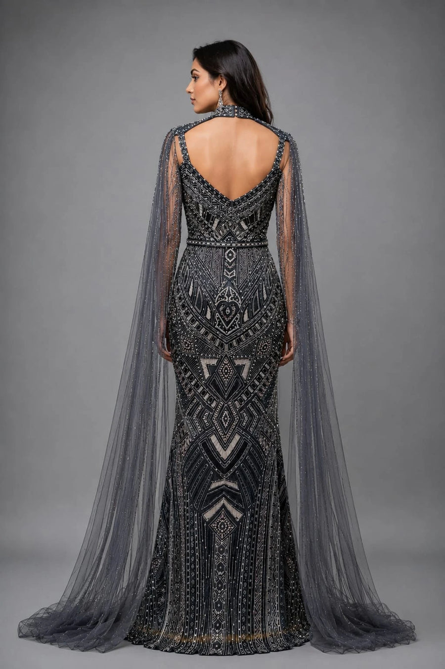 midnight blue cape gown