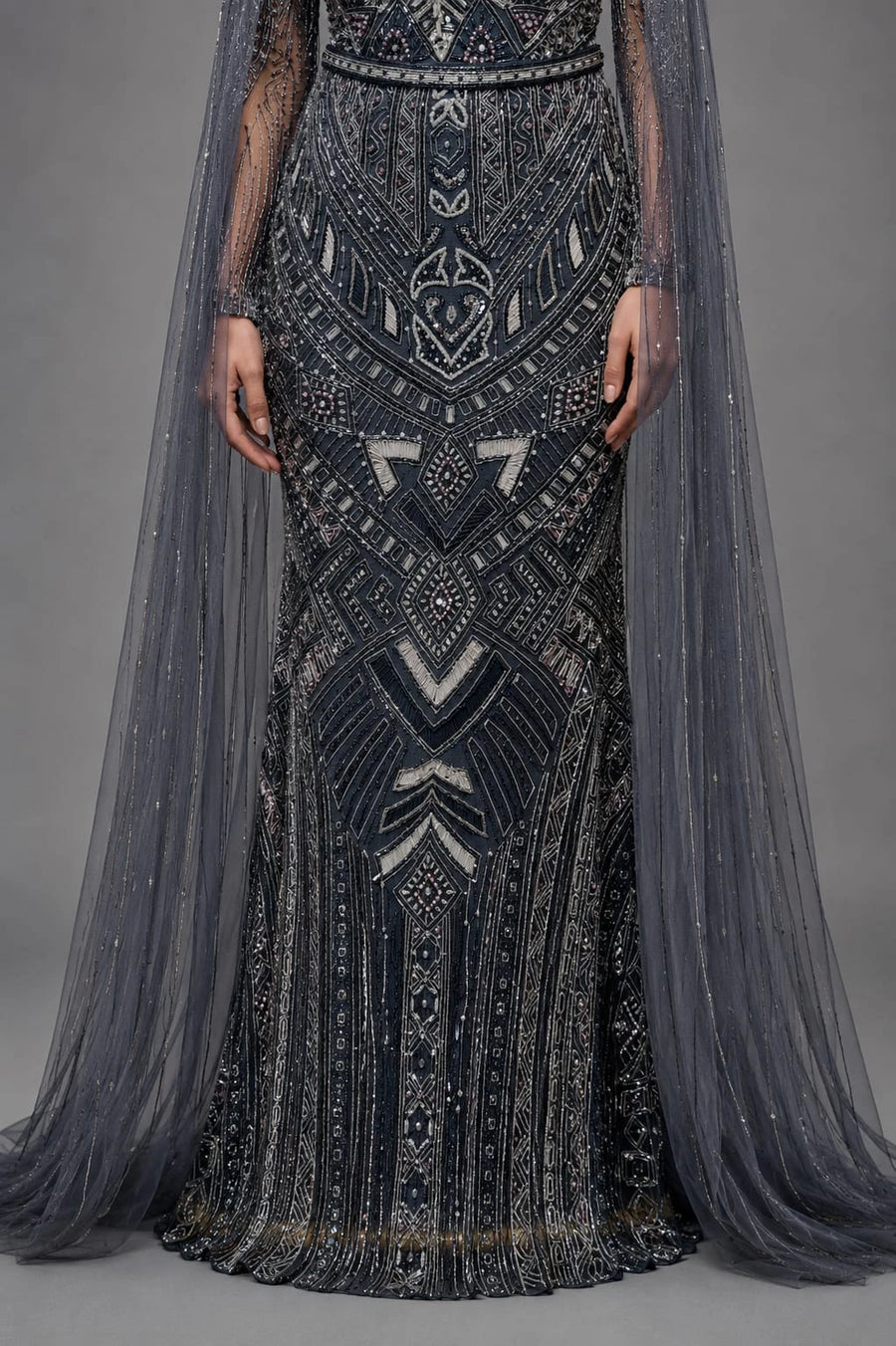 midnight blue cape gown