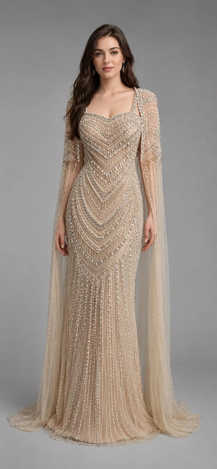 cream cape gown