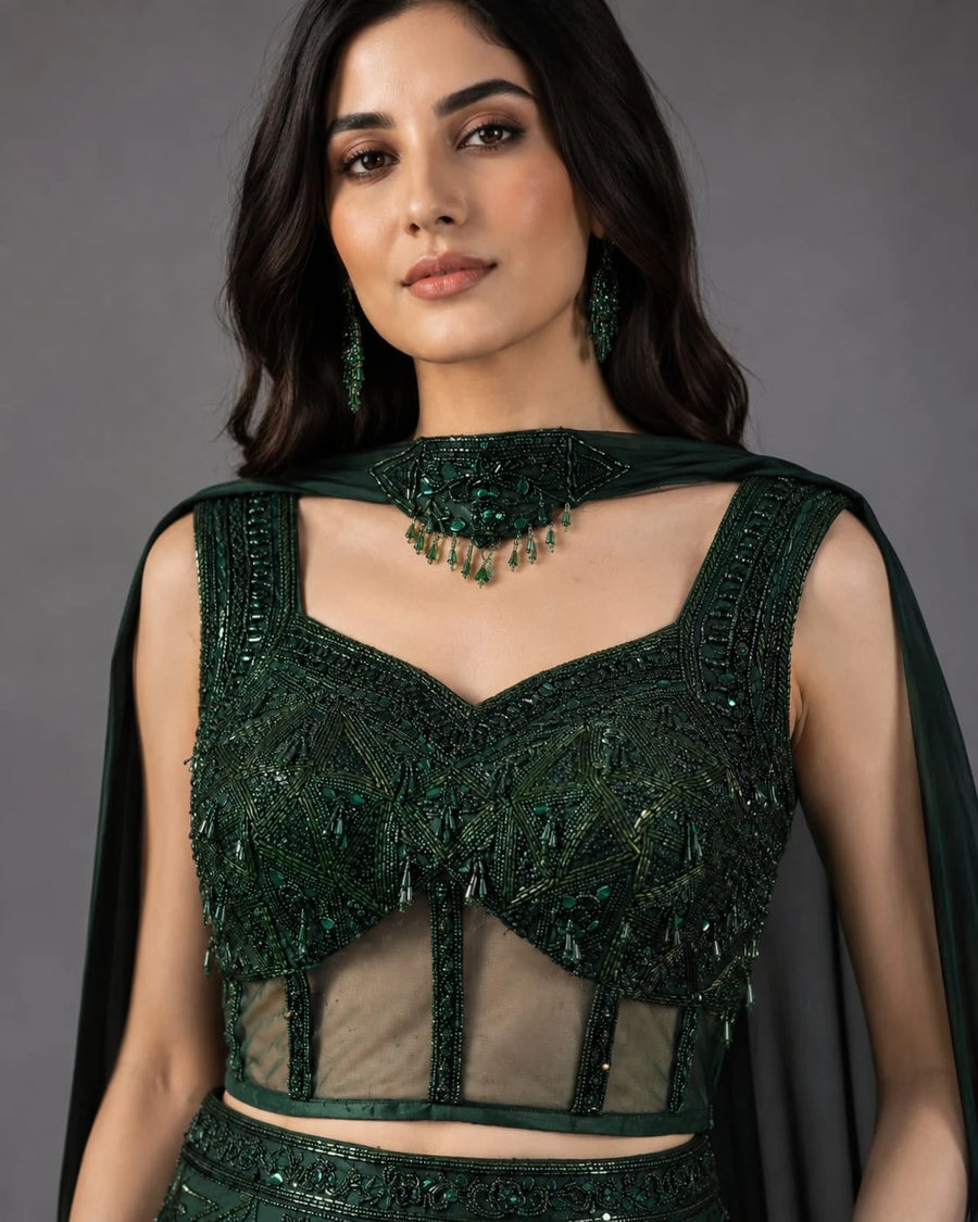 bottle green lehenga