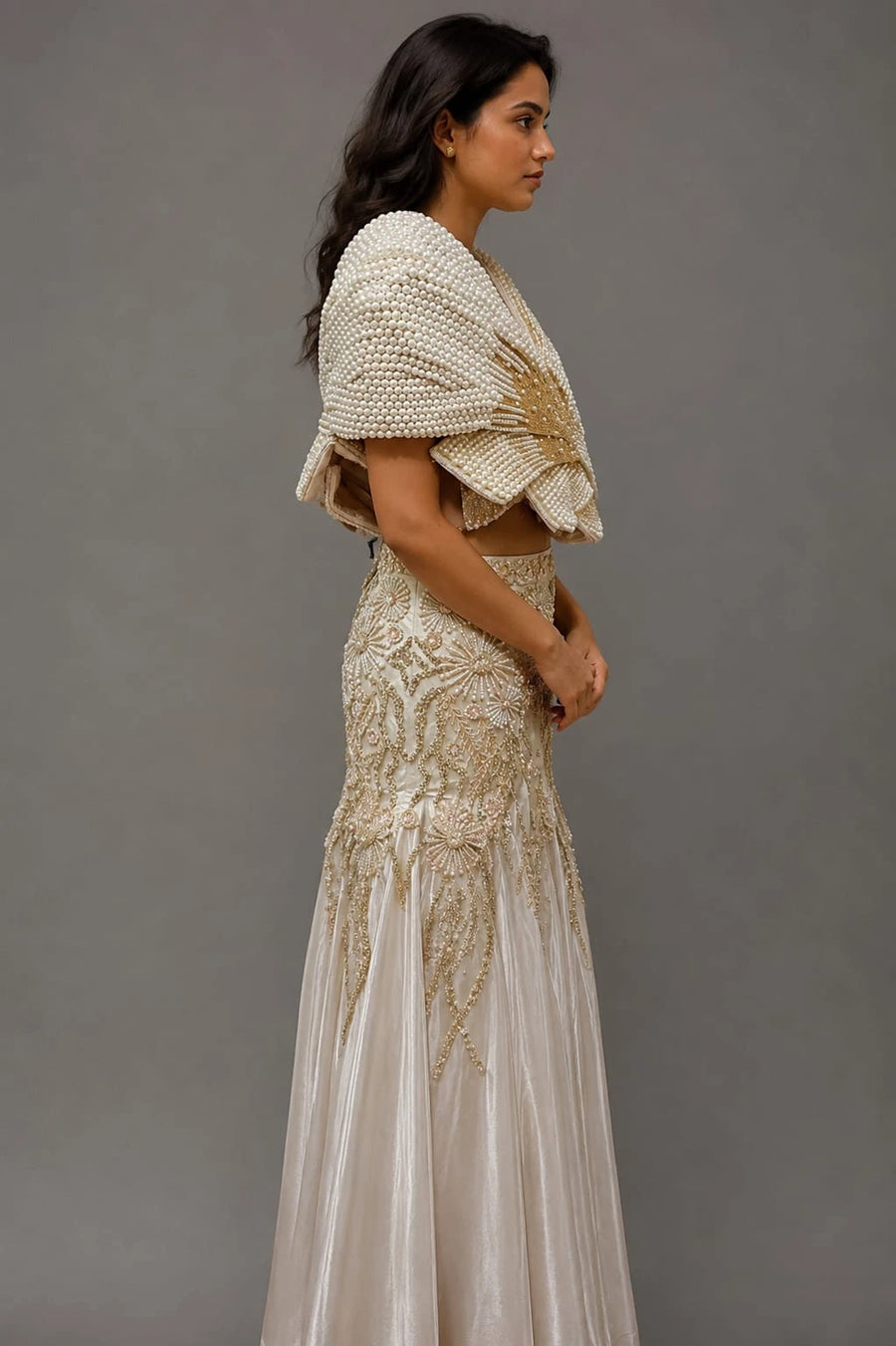 Ivory Pearl Embellished Designer Lehenga with Statement Blouse