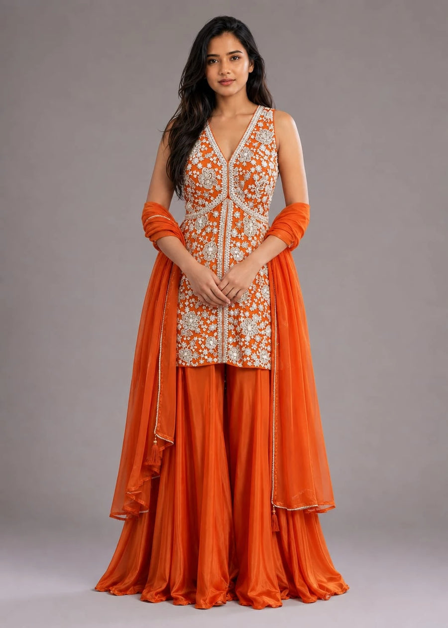 Rust Embroidered Sharara Set with Sleeveless Kurti and Dupatta