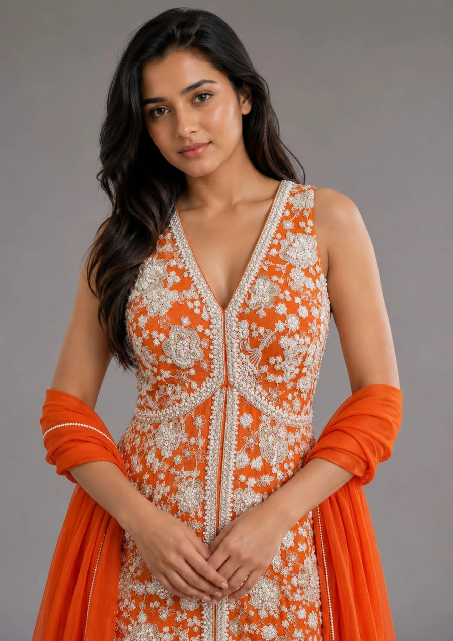 Rust Embroidered Sharara Set with Sleeveless Kurti and Dupatta