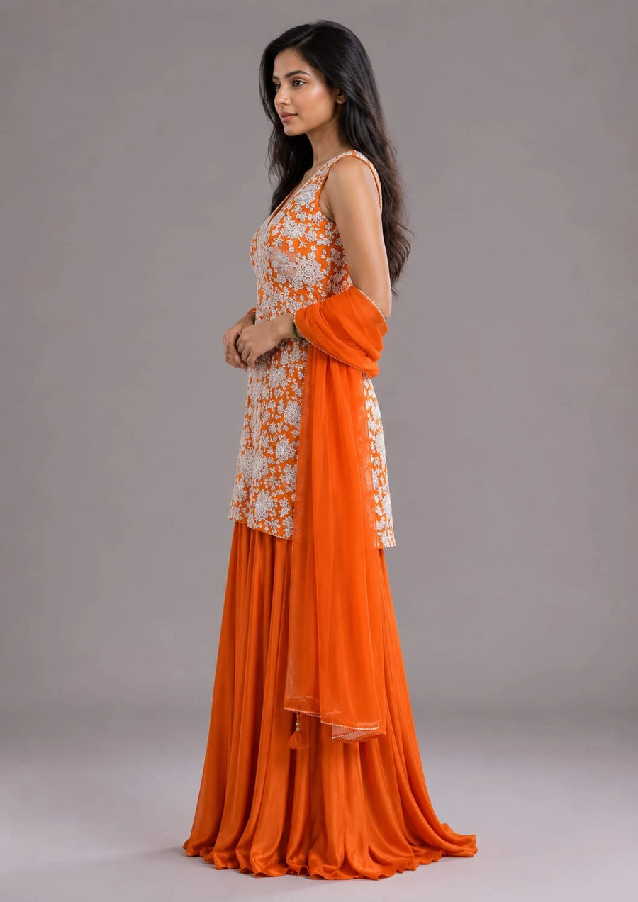 Rust Embroidered Sharara Set with Sleeveless Kurti and Dupatta