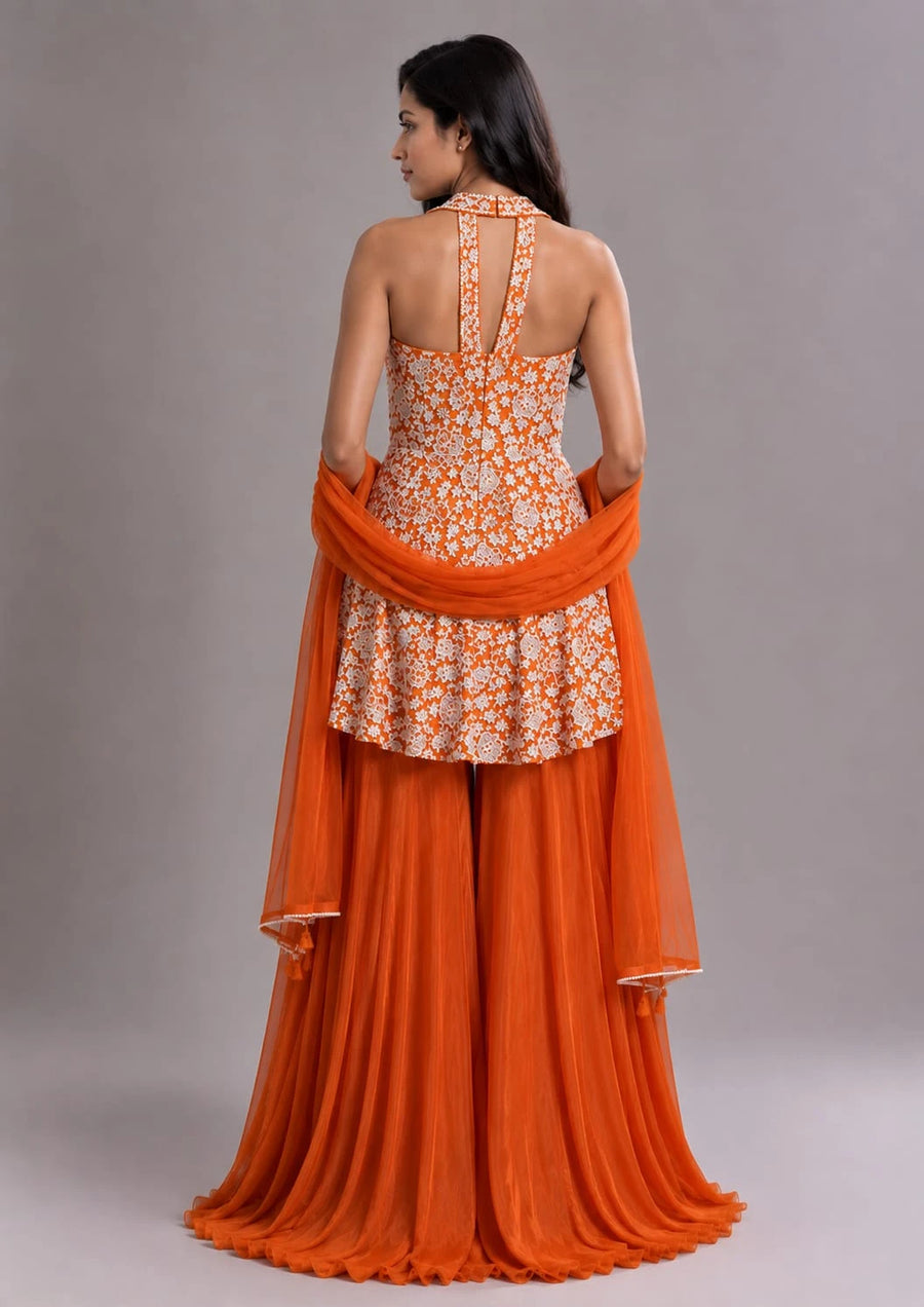 Rust Embroidered Sharara Set with Sleeveless Kurti and Dupatta
